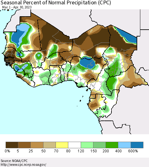 Western Africa Seasonal Percent of Normal Precipitation (CPC) Thematic Map For 3/1/2023 - 4/30/2023