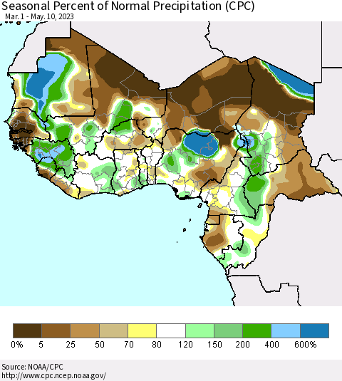 Western Africa Seasonal Percent of Normal Precipitation (CPC) Thematic Map For 3/1/2023 - 5/10/2023