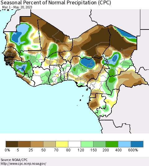 Western Africa Seasonal Percent of Normal Precipitation (CPC) Thematic Map For 3/1/2023 - 5/20/2023