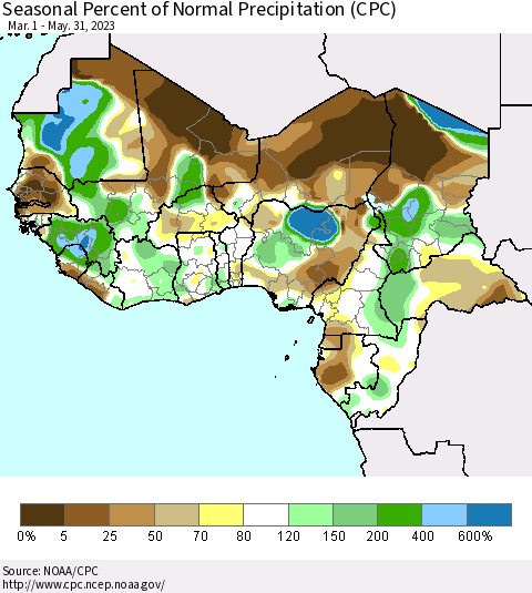 Western Africa Seasonal Percent of Normal Precipitation (CPC) Thematic Map For 3/1/2023 - 5/31/2023