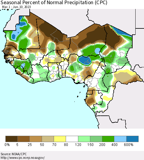 Western Africa Seasonal Percent of Normal Precipitation (CPC) Thematic Map For 3/1/2023 - 6/10/2023