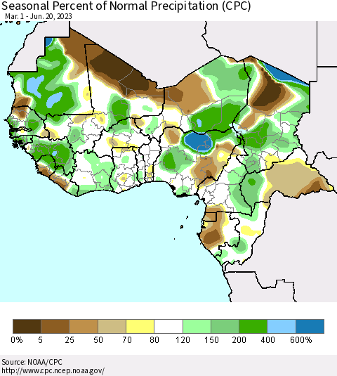 Western Africa Seasonal Percent of Normal Precipitation (CPC) Thematic Map For 3/1/2023 - 6/20/2023