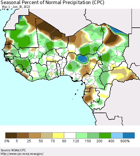 Western Africa Seasonal Percent of Normal Precipitation (CPC) Thematic Map For 3/1/2023 - 6/30/2023