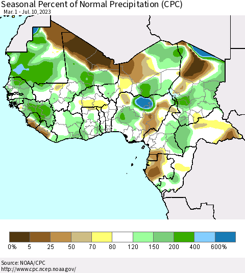 Western Africa Seasonal Percent of Normal Precipitation (CPC) Thematic Map For 3/1/2023 - 7/10/2023