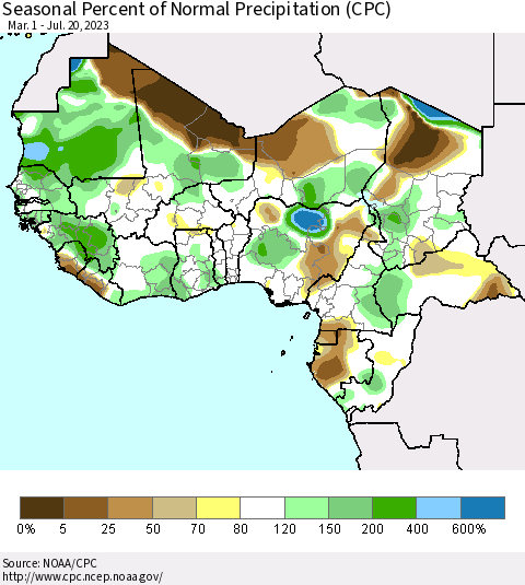 Western Africa Seasonal Percent of Normal Precipitation (CPC) Thematic Map For 3/1/2023 - 7/20/2023