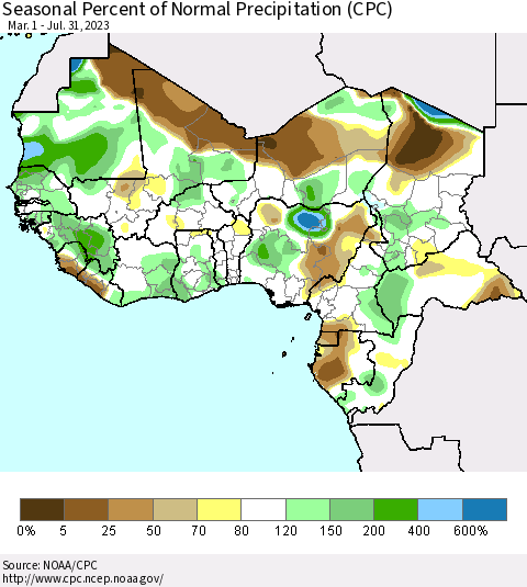 Western Africa Seasonal Percent of Normal Precipitation (CPC) Thematic Map For 3/1/2023 - 7/31/2023