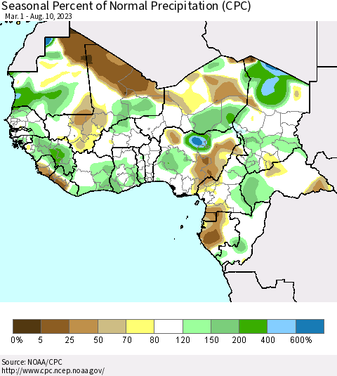 Western Africa Seasonal Percent of Normal Precipitation (CPC) Thematic Map For 3/1/2023 - 8/10/2023