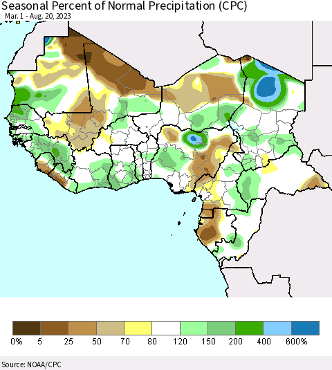 Western Africa Seasonal Percent of Normal Precipitation (CPC) Thematic Map For 3/1/2023 - 8/20/2023