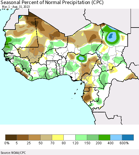 Western Africa Seasonal Percent of Normal Precipitation (CPC) Thematic Map For 3/1/2023 - 8/31/2023