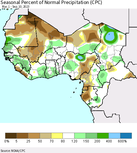 Western Africa Seasonal Percent of Normal Precipitation (CPC) Thematic Map For 3/1/2023 - 9/10/2023