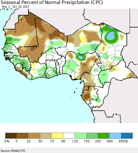 Western Africa Seasonal Percent of Normal Precipitation (CPC) Thematic Map For 3/1/2023 - 10/10/2023