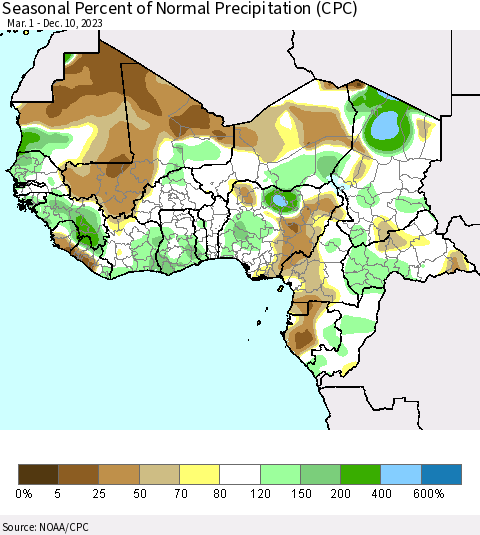 Western Africa Seasonal Percent of Normal Precipitation (CPC) Thematic Map For 3/1/2023 - 12/10/2023