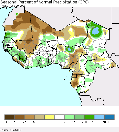 Western Africa Seasonal Percent of Normal Precipitation (CPC) Thematic Map For 3/1/2023 - 12/20/2023