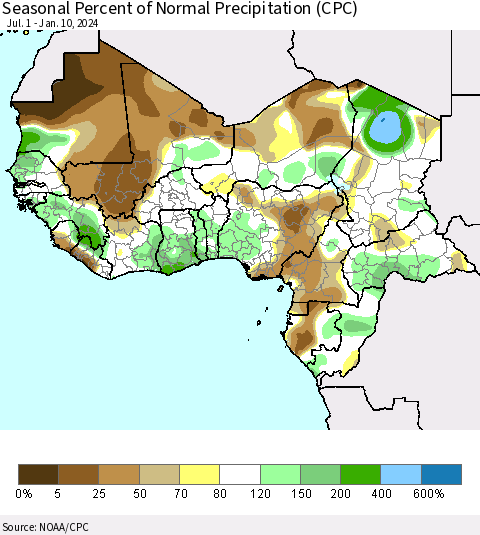 Western Africa Seasonal Percent of Normal Precipitation (CPC) Thematic Map For 7/1/2023 - 1/10/2024