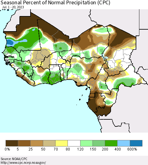 Western Africa Seasonal Percent of Normal Precipitation (CPC) Thematic Map For 7/1/2023 - 7/20/2023