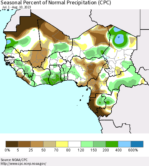 Western Africa Seasonal Percent of Normal Precipitation (CPC) Thematic Map For 7/1/2023 - 8/10/2023