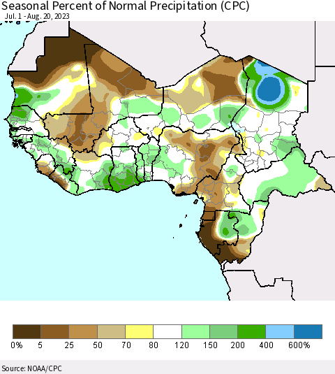 Western Africa Seasonal Percent of Normal Precipitation (CPC) Thematic Map For 7/1/2023 - 8/20/2023