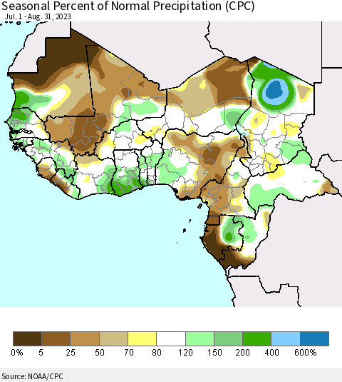Western Africa Seasonal Percent of Normal Precipitation (CPC) Thematic Map For 7/1/2023 - 8/31/2023