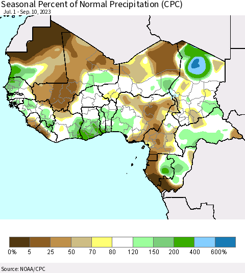 Western Africa Seasonal Percent of Normal Precipitation (CPC) Thematic Map For 7/1/2023 - 9/10/2023