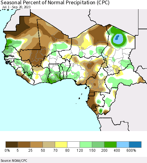 Western Africa Seasonal Percent of Normal Precipitation (CPC) Thematic Map For 7/1/2023 - 9/20/2023