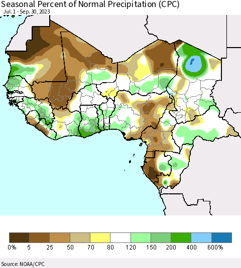 Western Africa Seasonal Percent of Normal Precipitation (CPC) Thematic Map For 7/1/2023 - 9/30/2023