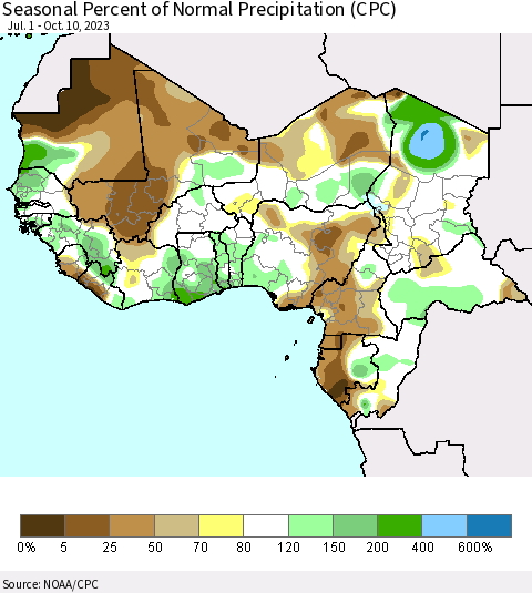 Western Africa Seasonal Percent of Normal Precipitation (CPC) Thematic Map For 7/1/2023 - 10/10/2023