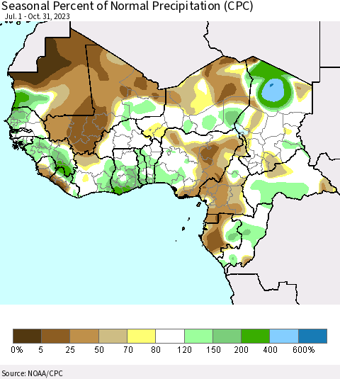 Western Africa Seasonal Percent of Normal Precipitation (CPC) Thematic Map For 7/1/2023 - 10/31/2023
