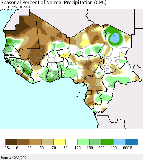 Western Africa Seasonal Percent of Normal Precipitation (CPC) Thematic Map For 7/1/2023 - 11/10/2023