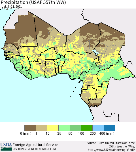 Western Africa Precipitation (USAF 557th WW) Thematic Map For 7/5/2021 - 7/11/2021