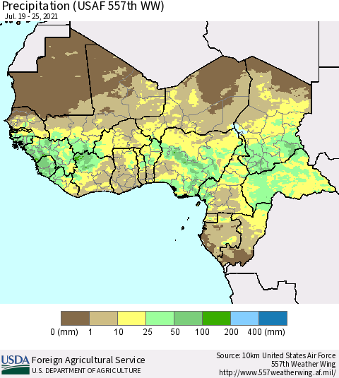 Western Africa Precipitation (USAF 557th WW) Thematic Map For 7/19/2021 - 7/25/2021