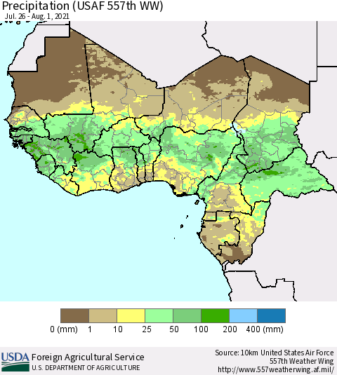 Western Africa Precipitation (USAF 557th WW) Thematic Map For 7/26/2021 - 8/1/2021