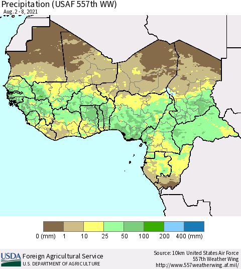 Western Africa Precipitation (USAF 557th WW) Thematic Map For 8/2/2021 - 8/8/2021