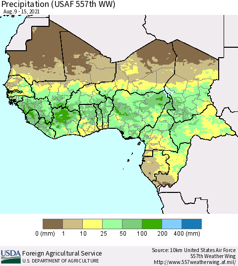 Western Africa Precipitation (USAF 557th WW) Thematic Map For 8/9/2021 - 8/15/2021