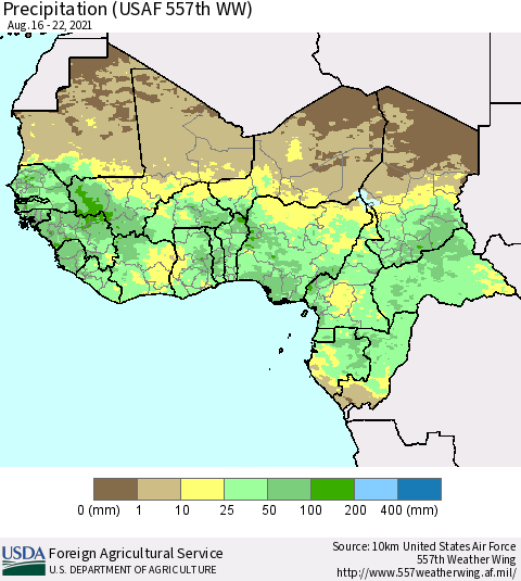 Western Africa Precipitation (USAF 557th WW) Thematic Map For 8/16/2021 - 8/22/2021