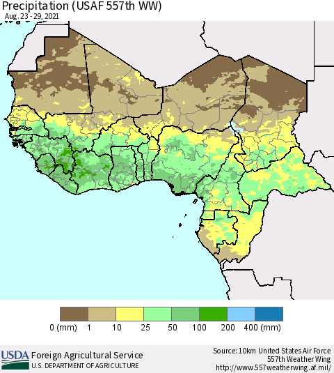 Western Africa Precipitation (USAF 557th WW) Thematic Map For 8/23/2021 - 8/29/2021