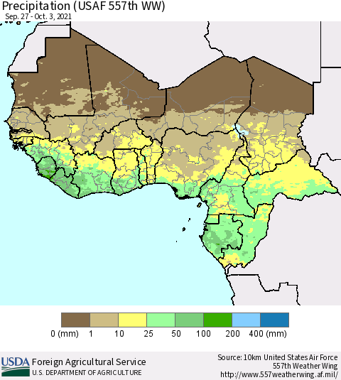 Western Africa Precipitation (USAF 557th WW) Thematic Map For 9/27/2021 - 10/3/2021