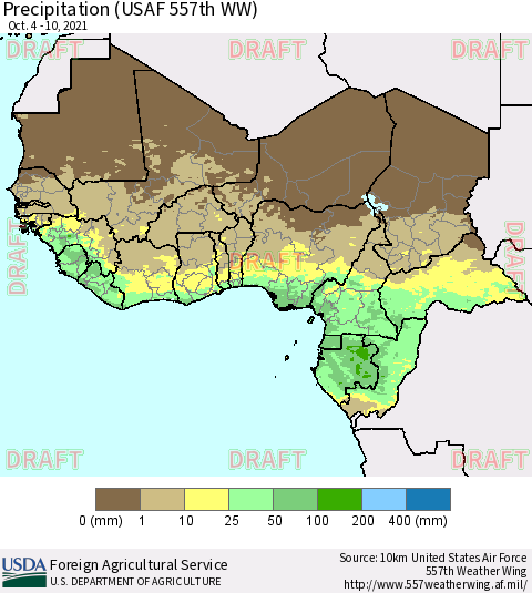 Western Africa Precipitation (USAF 557th WW) Thematic Map For 10/4/2021 - 10/10/2021
