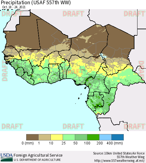 Western Africa Precipitation (USAF 557th WW) Thematic Map For 10/18/2021 - 10/24/2021