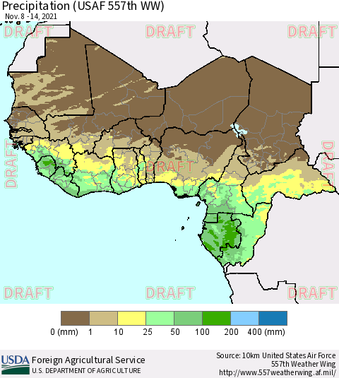 Western Africa Precipitation (USAF 557th WW) Thematic Map For 11/8/2021 - 11/14/2021