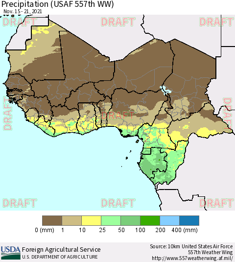 Western Africa Precipitation (USAF 557th WW) Thematic Map For 11/15/2021 - 11/21/2021