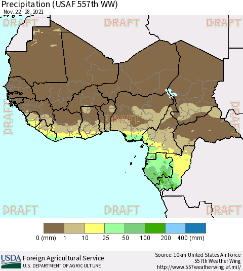 Western Africa Precipitation (USAF 557th WW) Thematic Map For 11/22/2021 - 11/28/2021