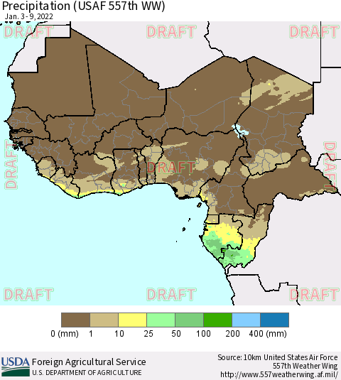 Western Africa Precipitation (USAF 557th WW) Thematic Map For 1/3/2022 - 1/9/2022