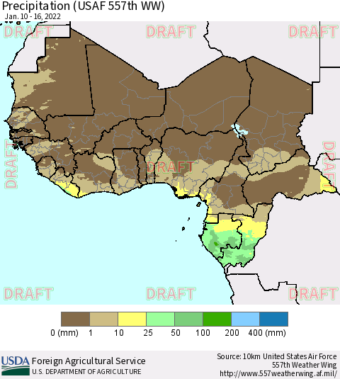 Western Africa Precipitation (USAF 557th WW) Thematic Map For 1/10/2022 - 1/16/2022