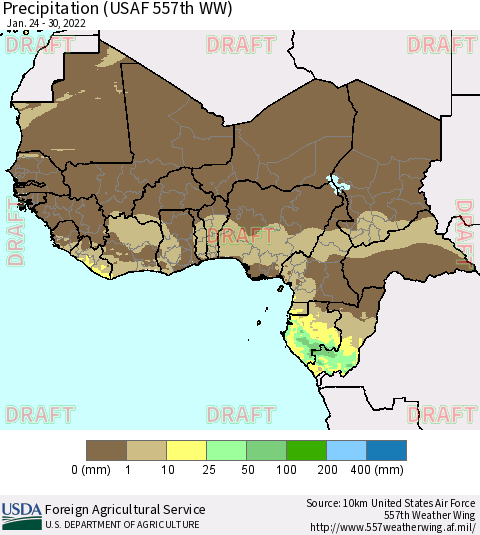 Western Africa Precipitation (USAF 557th WW) Thematic Map For 1/24/2022 - 1/30/2022