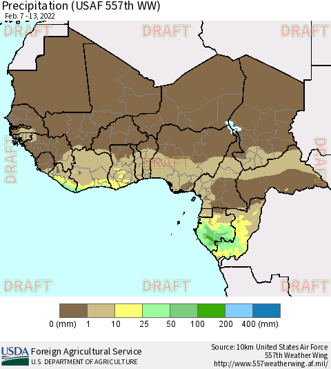 Western Africa Precipitation (USAF 557th WW) Thematic Map For 2/7/2022 - 2/13/2022