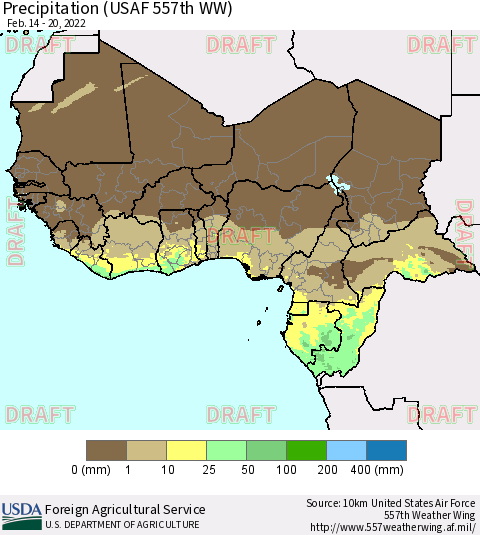 Western Africa Precipitation (USAF 557th WW) Thematic Map For 2/14/2022 - 2/20/2022