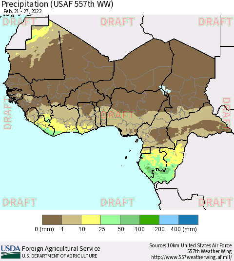 Western Africa Precipitation (USAF 557th WW) Thematic Map For 2/21/2022 - 2/27/2022