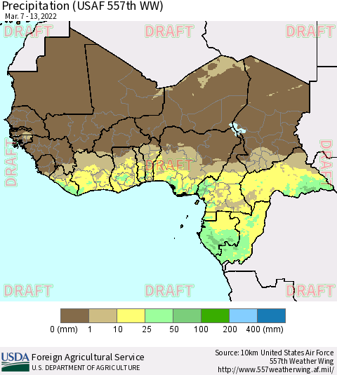 Western Africa Precipitation (USAF 557th WW) Thematic Map For 3/7/2022 - 3/13/2022