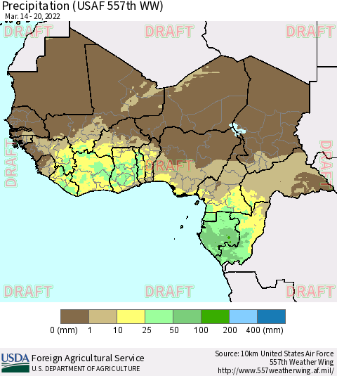 Western Africa Precipitation (USAF 557th WW) Thematic Map For 3/14/2022 - 3/20/2022