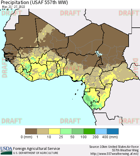 Western Africa Precipitation (USAF 557th WW) Thematic Map For 3/21/2022 - 3/27/2022